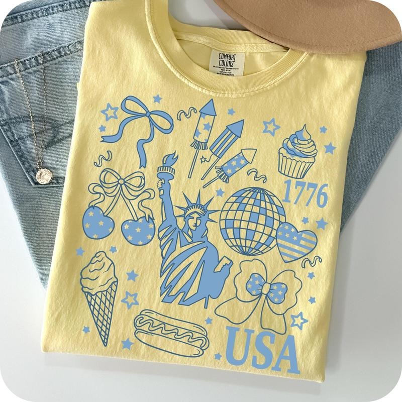Comfort Colors Retro America Coquette T-Shirt, Preppy 4th of July T-Shirt, Girly Memorial Day Shirt, Vintage USA T-Shirt, Independence Day Shirt