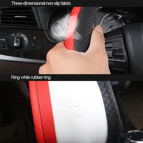 38cm Steering Wheel Cover PU Leather Anti Slip Steer Wheel Protector Breathable Fiber Braid Universal Steering Cover